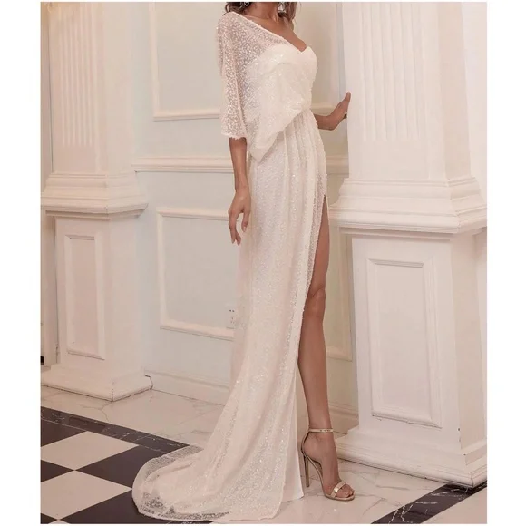 Luxe Sequin One Shoulder Evening Formal Wedding Dress - Picture 5 of 8